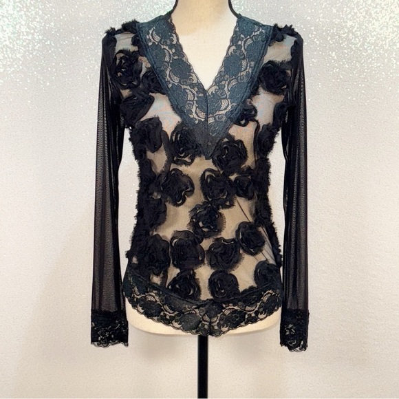 French Laundry by Neto Sheer Black Lace Top with 3D Floral Embellishments - Picture 2 of 16